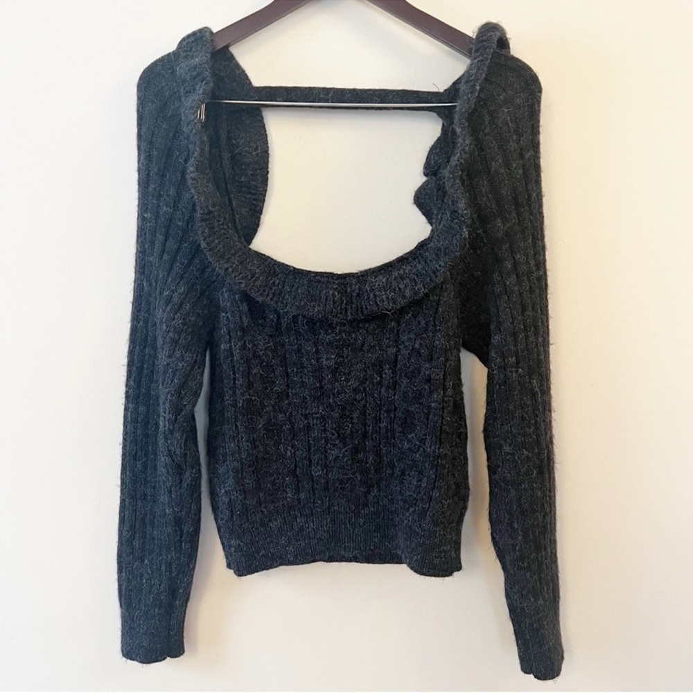 Topshop Gray Knit Ruffle Square Neck Open Back Pullover Sweater Size XS